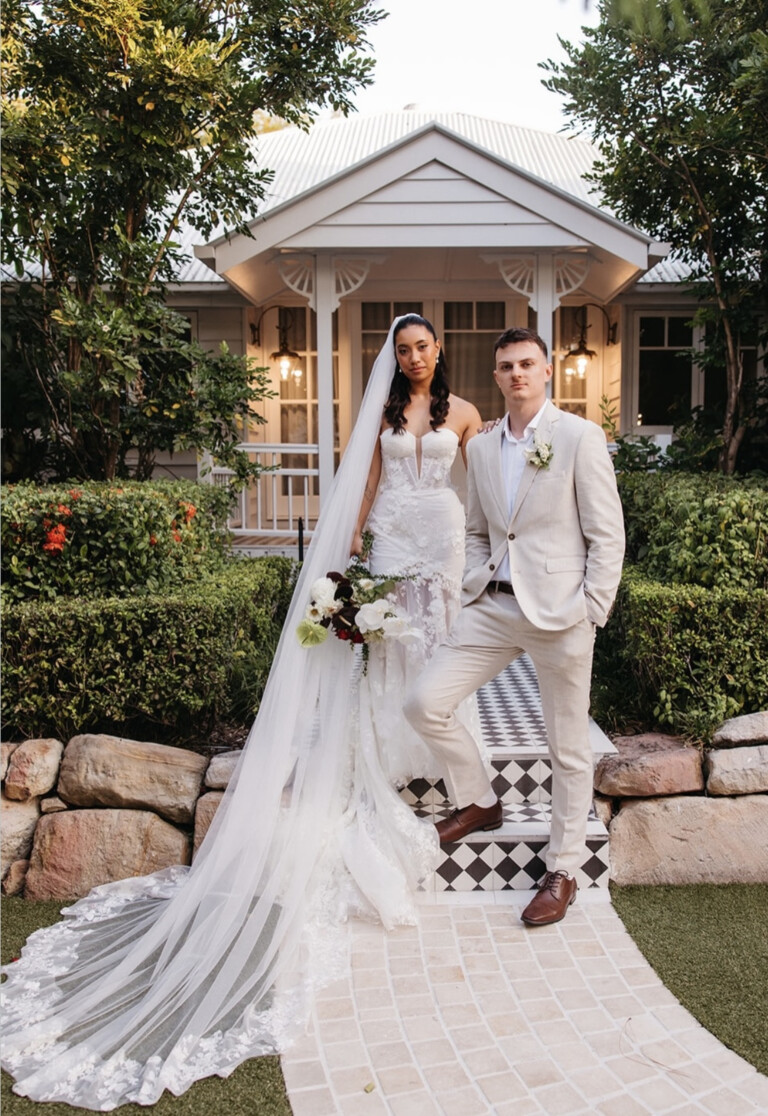 Moon & Pearl bride - Plunge lace fit-and-flare with a cathedral veil