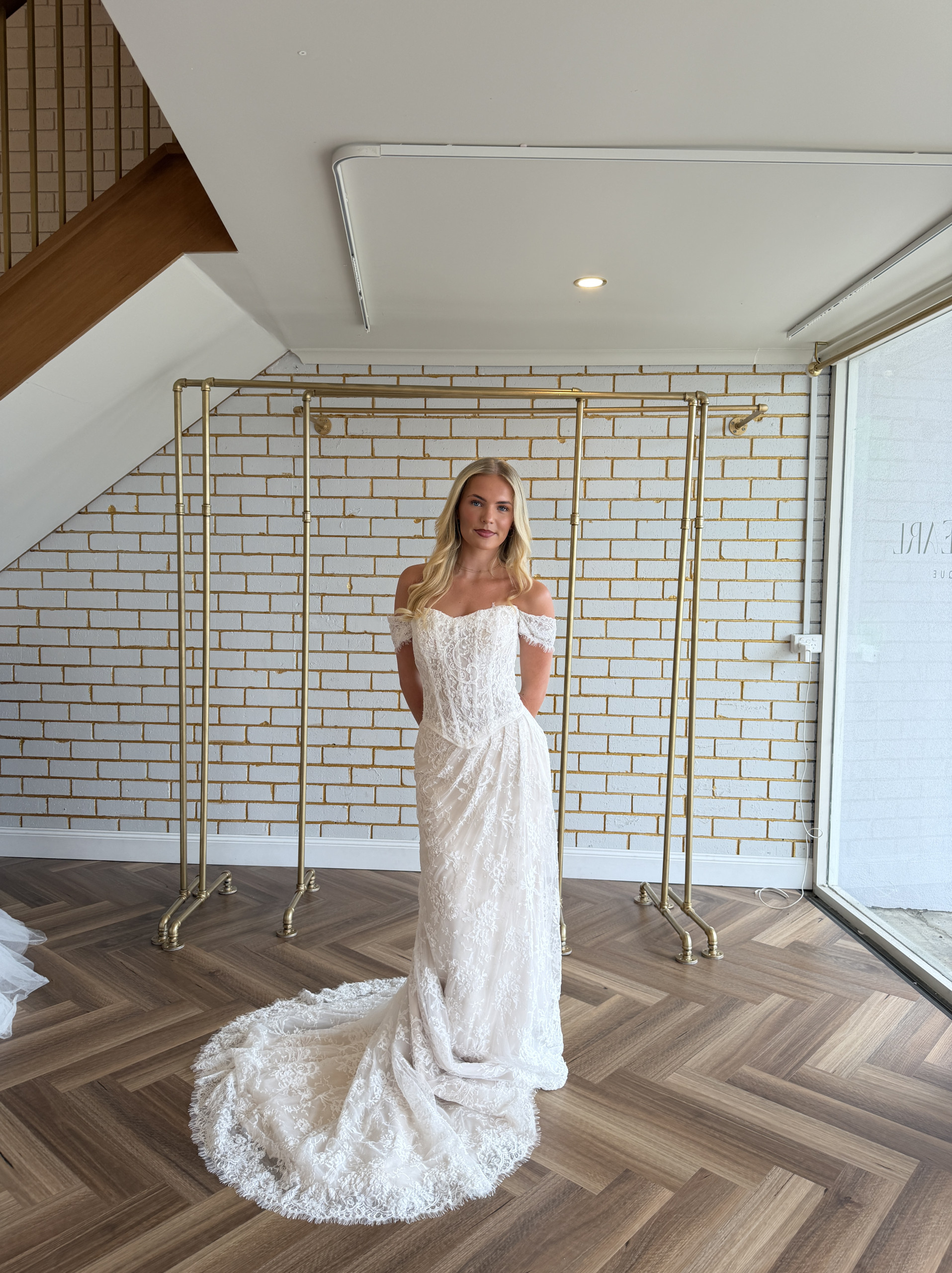 Kendall fitted lace wedding gown, full length with train