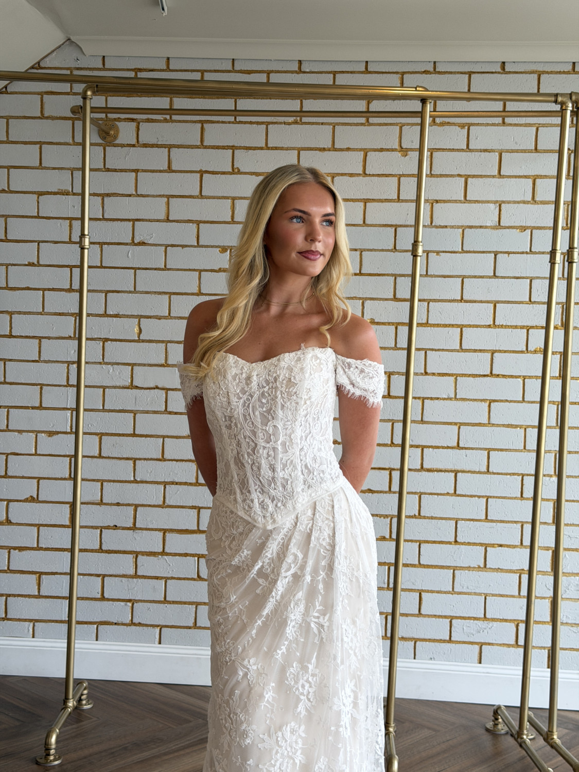 Kendall lace wedding gown, off-the-shoulder sleeves, front view